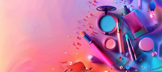 Cyber Monday Beauty Sale Banner with Makeup, Skincare, and Haircare Products on Gradient Background