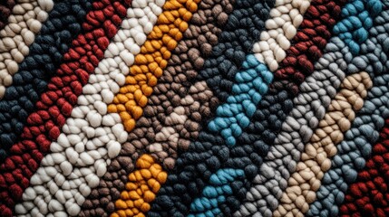 This image captures a close-up view of wool texture arranged in a diagonal striped pattern, featuring a vibrant array of colors that evoke warmth and intricacy in design.