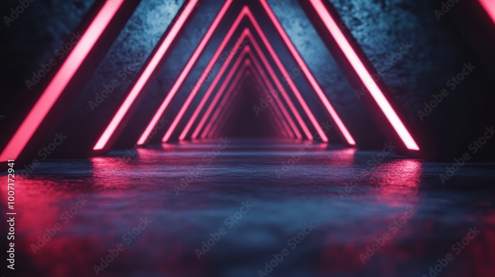 Poster the image displays an array of endless neon triangles forming a reflective corridor, capturing the e
