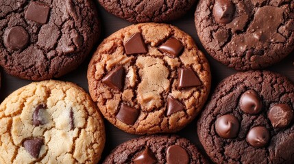 Fototapeta premium A delicious assortment of chocolate chip cookies are displayed on a wooden surface, highlighting the variety and texture of this popular baked treat.