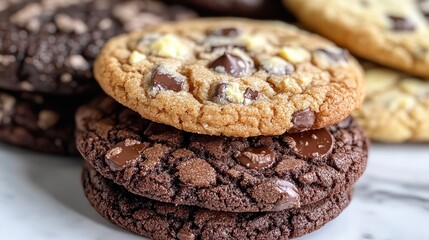 Obraz premium This close-up shot portrays a stack of delectable chocolate chip cookies, emphasizing their rich texture and mouth-watering appeal on a white surface.