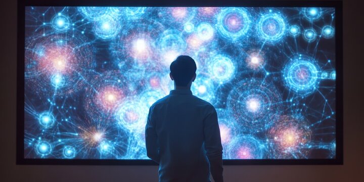 a man standing in front of a large screen