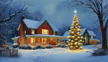 Fototapeta premium Rustic Winter Houses Lit Up for the Holidays. Christmas Lights on Snow-Covered Winter Homes. Charming Winter Homes Decorated with Christmas Lights