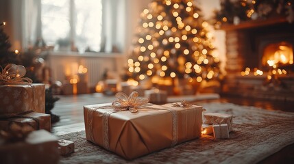 Christmas tree decorated for the new year and many gift boxes