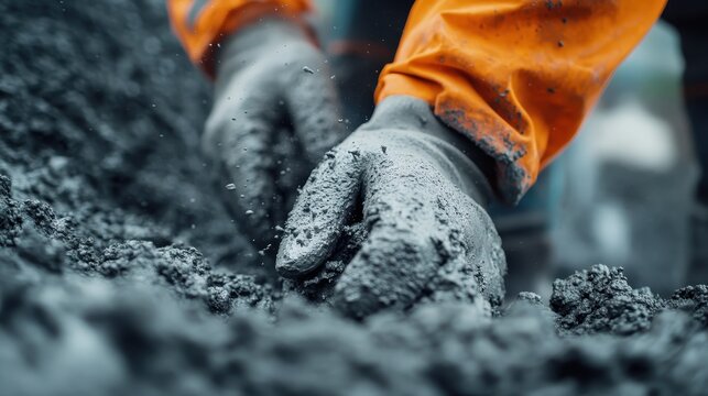 A diligent construction worker wearing durable gloves expertly handles cement, highlighting the precision and skill involved in building and construction work.