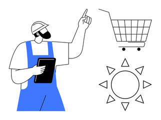 A worker in blue overalls and a helmet is pointing at a shopping cart and sun. Ideal for e-commerce. Renewable energy. Work safety. Digital retail. Logistics
