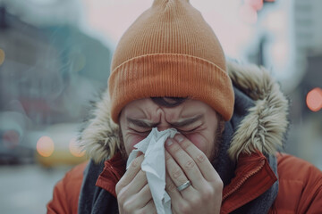 A man with a runny nose is wearing a red hat and a white tissue