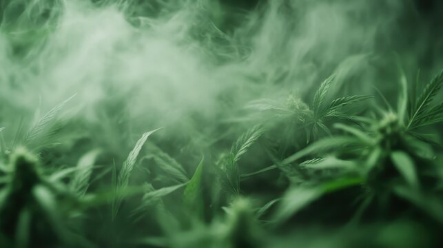 This image depicts cannabis leaves cloaked in a dreamy green haze, representing tranquility and the natural essence of botanical life amidst a misty aura.