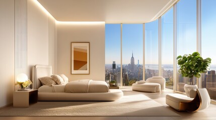 Large, airy master bedroom with floor-to-ceiling windows, elegant bedding, and neutral decor, perfect for a peaceful escape