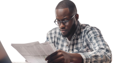 African american male corporate professional reviewing documents on white background 
