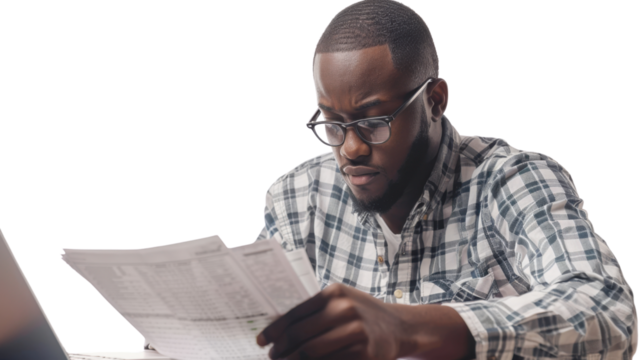 African american male corporate professional reviewing documents on white background 
