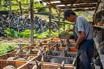 A man is feeding rabbits in a pen