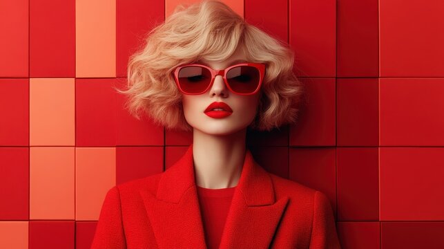 A fashionable model in a striking red outfit and sunglasses stands against a vivid red checkered wall, embodying bold fashion statements and modern aesthetics.