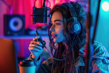 A person recording music or speaking at home studio setup with equipment and headphones