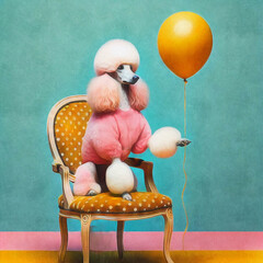 Colorful Pink Poodle Sitting on Vintage Chair with Balloon in a Studio Setting