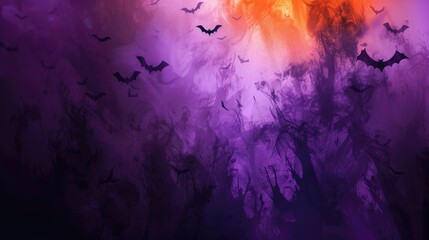 Vibrant Abstract Halloween Background with Glowing Purple and Orange Fog and Dark Silhouette Bats
