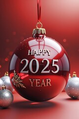 A festive red Christmas ball with "Happy Year 2025" in gold, glowing with twinkling holiday lights in the background.