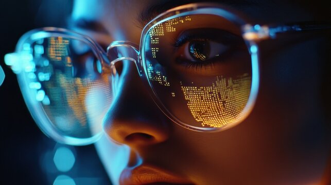 Programming code is reflected in the glasses of a woman working at a computer and creating programs for modern technology