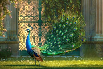 Obraz premium Majestic Peacock Displaying Colorful Tail Feathers in Palace Garden for Elegant Spring Decor