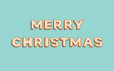 Illustration of the text 'Merry Christmas' designed like gingerbread cookies with white icing on a blue background. Perfect for holiday cards, posters, packaging, and Christmas designs.