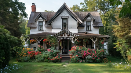 A cosy cottage style house with a beautiful front porch and green grass
