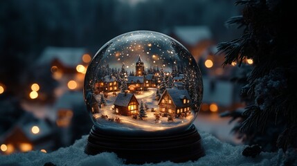 snow globe with a lit wintry village scene