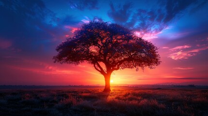 Fototapeta premium A stunning landscape featuring a solitary tree against a dramatic sunset sky, emphasizing the contrast between dark land and vivid sky.