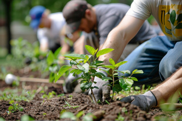 A man is planting a tree in a field