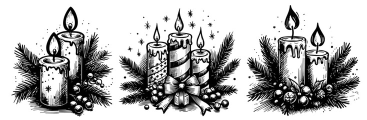 vintage-style christmas candles with festive pine decorations black vector