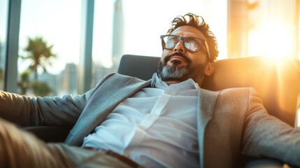 A relaxed man with spectacles sits comfortably in a plush chair, basking in bright sunlight, exuding a sense of contentment and balance with a modern city backdrop.