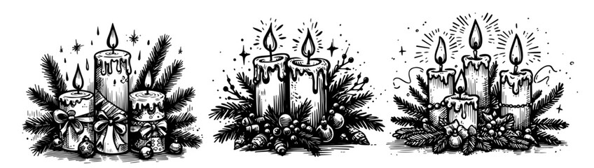 hand-drawn christmas candles with ribbons and holly black vector design