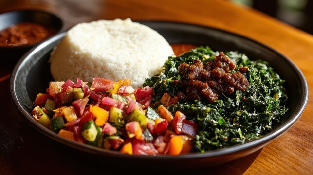 Plate of east african cuisine, featuring ugali, saut&Atilde;&copy;ed greens (sukuma wiki), and fresh kachumbari salad, ready to be served