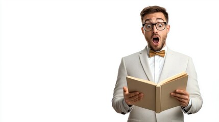 Male teacher standing with an open book in hand, explaining a concept, isolated on a white background for clarity.