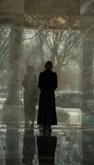 Solemn Woman in Formal Black Attire Reflecting at Decorated Memorial During National Day of Mourning
