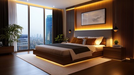 Master bedroom with rich wood tones, soft lighting, and a large bed, creating a warm and inviting retreat