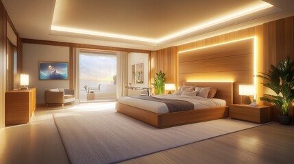 Master bedroom with rich wood tones, soft lighting, and a large bed, creating a warm and inviting retreat