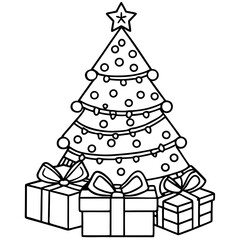 Minimalist Christmas Tree with Wrapped Gifts  Line Art Vector