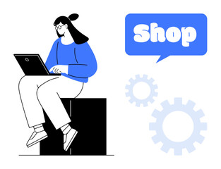 Woman in casual outfit using laptop while seated on block. Accompanying text in speech bubble reads shop. Gears in background. Ideal for e-commerce, online retail, shopping, technology, and business