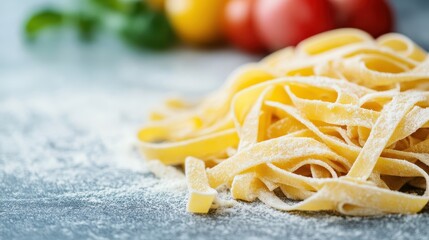 A vibrant image featuring uncooked pasta, sprinkled with flour, ready to be transformed into a delicious Italian meal. Fresh tomatoes and herbs in the background add color.
