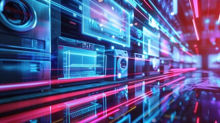 Futuristic Cyber Monday Ad Featuring Smart Home Appliances with Dynamic Light Streaks for Digital Marketing