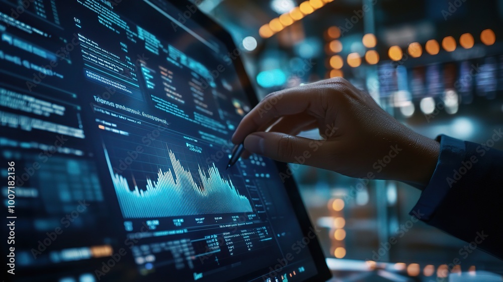 Poster data analysis on digital screen with graphs and charts