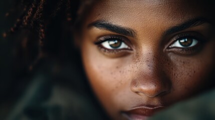 Fototapeta premium A striking close-up of a woman with intense eyes, partly shadowed, conveying mystery and intrigue, capturing a powerful expression of strength and resilience.