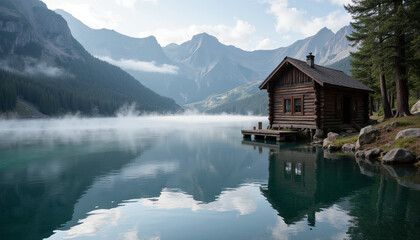 Obraz premium Wooden cabin by calm mountain lake with misty morning view