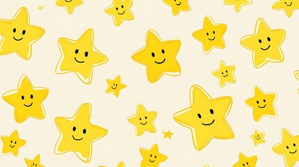 Fototapeta premium whimsical, cartoon style illustration featuring a pattern of yellow stars with smiling faces on a light cream background vary in size, creating a dynamic and playful layout