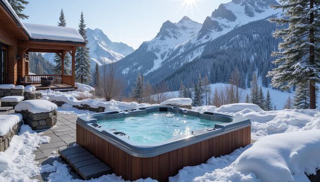 Hot tub with snowy mountain view outside wooden cabin
