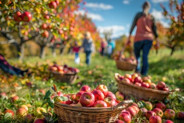 Families Enjoying Harvest Festival in Scenic Apple Orchard with Baskets of Fresh Apples Under Blue Sky