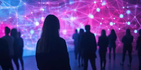 a woman standing in front of a colorful light