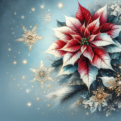 Magical Christmas background with beautiful  poinsettia flowers,  winter composition
