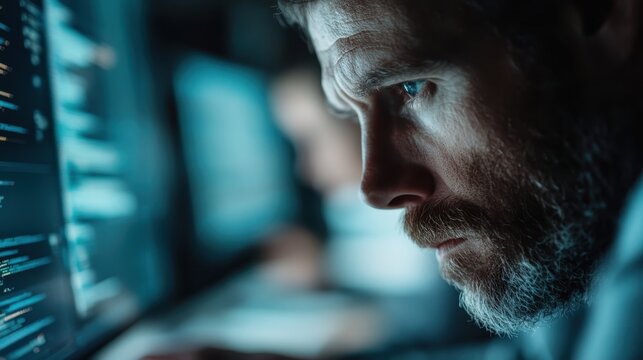 In this image, a man is deeply focused as he works on a complex computer script, with a concentration that embodies dedication and technological proficiency.