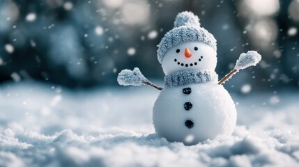 A cheerful snowman with a knitted hat, scarf, and twig arms stands in a snowy meadow, conveying the essence of winter wonder and the magic of playful imagination.